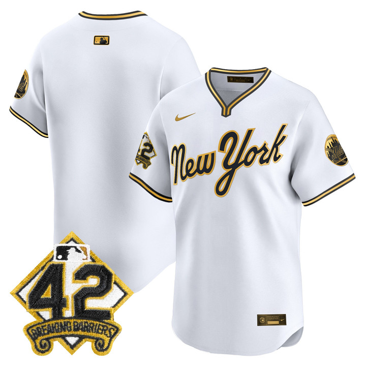 New York Mets 2025 Jackie Robinson Patch Road Alternate Jersey  White Gold Team